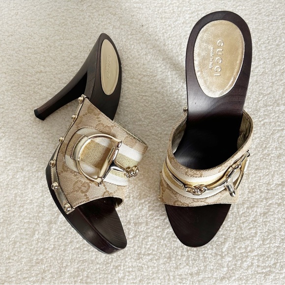 Gucci Monogram Icon Bit Clog Sandals Heels Size 7.5 Horsebit Beige Brown - Picture 1 of 16